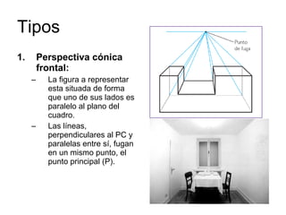 Tipos Perspectiva cónica frontal: La figura a representar esta situada de forma que uno de sus lados es paralelo al plano del cuadro. Las líneas, perpendiculares al PC y paralelas entre sí, fugan en un mismo punto, el punto principal (P). 