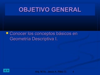 OOOOBBBBJJJJEEEETTTTIIIIVVVVOOOO GGGGEEEENNNNEEEERRRRAAAALLLL 
 CCoonnoocceerr llooss ccoonncceeppttooss bbáássiiccooss eenn 
GGeeoommeettrrííaa DDeessccrriippttiivvaa II.. 
Arq. M.Sc. Jesús A. Páez O. 4 
 