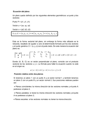 Ecuación del plano
Un plano queda definido por los siguientes elementos geométricos: un punto y dos
vectores:
Punto P = (x1, y1, z1)
Vector u = (ux, uy, uz)
Vector v = (a2, b2, c2)
( 𝑥, 𝑦, 𝑧) = (𝑥1,𝑦1 , 𝑧1 )+ 𝑚 ( 𝑢 𝑥 , 𝑢 𝑦, 𝑢 𝑧 ) + 𝑛 ( 𝑎2, 𝑏2 , 𝑐2 )
Esta es la forma vectorial del plano, sin embargo la forma más utilizada es la
reducida, resultado de igualar a cero el determinante formado por los dos vectores
y el punto genérico X = (x, y, z) con el punto dado. De esta manera la ecuación del
plano es:
|
( 𝒙 − 𝒑)
𝒖
𝒗
| = 0 => |
𝑥 − 𝑝𝑥 𝑦 − 𝑝 𝑦 𝑧 − 𝑝𝑧
𝑢 𝑥 𝑢 𝑦 𝑢 𝑧
𝑣 𝑥 𝑣 𝑦 𝑣𝑧
| = 0 => 𝐴𝑋 + 𝐵𝑌 + 𝐶𝑍 + 𝐷 = 0
Donde (A, B, C) es un vector perpendicular al plano, coincide con el producto
vectorial de los vectores u y v. La fórmula para hallar la ecuación cuando no está
en el origen es:
𝑎 ( 𝑥 − ℎ ) + 𝑏 ( 𝑦 − 𝑘 )+ 𝑐 ( 𝑧 − 𝑗 ) = 0
Posición relativa entre dos planos
Si tenemos un plano 1 con un punto A y un vector normal 1, y también tenemos
un plano 2 con un punto B y un vector normal 2. Sus posiciones relativas pueden
ser:
 Planos coincidentes: la misma dirección de los vectores normales y el punto A
pertenece al plano 2.
 Planos paralelos: si tienen la misma dirección los vectores normales y el punto
A no pertenece al plano 2.
 Planos secantes: si los vectores normales no tienen la misma dirección.
 