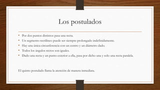Los postulados
• Por dos puntos distintos pasa una recta.
• Un segmento rectilíneo puede ser siempre prolongado indefinidamente.
• Hay una única circunferencia con un centro y un diámetro dado.
• Todos los ángulos rectos son iguales.
• Dado una recta y un punto exterior a ella, pasa por dicho una y solo una recta paralela.
El quinto postulado llama la atención de manera inmediata.
 