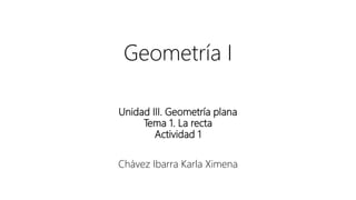 Geometría I
Unidad III. Geometría plana
Tema 1. La recta
Actividad 1
Chávez Ibarra Karla Ximena
 