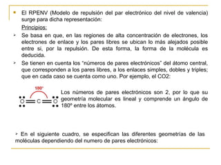    El RPENV (Modelo de repulsión del par electrónico del nivel de valencia)
    surge para dicha representación:
    Principios:
   Se basa en que, en las regiones de alta concentración de electrones, los
    electrones de enlace y los pares libres se ubican lo más alejados posible
    entre si, por la repulsión. De esta forma, la forma de la molécula es
    deducida.
   Se tienen en cuenta los “números de pares electrónicos” del átomo central,
    que corresponden a los pares libres, a los enlaces simples, dobles y triples;
    que en cada caso se cuenta como uno. Por ejemplo, el CO2:

                   Los números de pares electrónicos son 2, por lo que su
                    geometría molecular es lineal y comprende un ángulo de
                    180º entre los átomos.




En el siguiente cuadro, se especifican las diferentes geometrías de las
moléculas dependiendo del numero de pares electrónicos:
 