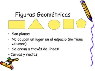 Figuras Geométricas Son planas No ocupan un lugar en el espacio (no tiene volumen) Se crean a través de líneas: - Curvas y rectas