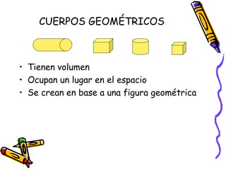 CUERPOS GEOMÉTRICOS Tienen volumen Ocupan un lugar en el espacio Se crean en base a una figura geométrica