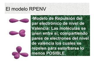 El modelo RPENV
         •Modelo de Repulsión del
         par electrónico de nivel de
         Valencia: Las moléculas se
         unen entre sí, compartiendo
         pares de electrones del nivel
         de valencia los cuales se
         repelen para estorbarse lo
         menos POSIBLE.
 