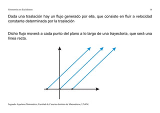 Geometrías no Euclidianas                                                            16


Dada una traslación hay un ﬂujo generado por ella, que consiste en ﬂuir a velocidad
constante determinada por la traslación


Dicho ﬂujo moverá a cada punto del plano a lo largo de una trayectoría, que será una
línea recta.




Segundo Aquelarre Matemático, Facultad de Ciencias-Instituto de Matemáticas, UNAM.
 