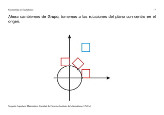 Geometrías no Euclidianas                                                            17


Ahora cambiemos de Grupo, tomemos a las rotaciones del plano con centro en el
origen.




Segundo Aquelarre Matemático, Facultad de Ciencias-Instituto de Matemáticas, UNAM.
 