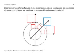 Geometrías no Euclidianas                                                            20


Si consideramos ahora el grupo de las expansiones. Ahora son iguales los cuadrados
a los que puedo llegar por medio de una expansión del cuadrado original




Segundo Aquelarre Matemático, Facultad de Ciencias-Instituto de Matemáticas, UNAM.
 
