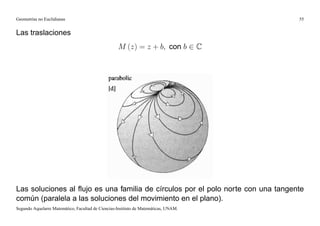 Geometrías no Euclidianas                                                            55


Las traslaciones
                                                   M (z) = z + b; con b 2 C




Las soluciones al ﬂujo es una familia de círculos por el polo norte con una tangente
común (paralela a las soluciones del movimiento en el plano).
Segundo Aquelarre Matemático, Facultad de Ciencias-Instituto de Matemáticas, UNAM.
 