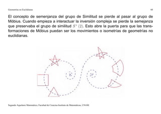 Geometrías no Euclidianas                                                            60


El concepto de semenjanza del grupo de Similitud se pierde al pasar al grupo de
Möbius. Cuando empieza a interactuar la inversión compleja se pierde la semejanza
que preservaba el grupo de similitud S + (2). Esto abre la puerta para que las trans-
formaciones de Möbius puedan ser los movimientos o isometrías de geometrías no
euclidianas.




Segundo Aquelarre Matemático, Facultad de Ciencias-Instituto de Matemáticas, UNAM.
 