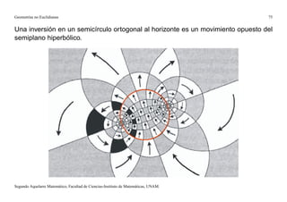 Geometrías no Euclidianas                                                            75


Una inversión en un semicírculo ortogonal al horizonte es un movimiento opuesto del
semiplano hiperbólico.




Segundo Aquelarre Matemático, Facultad de Ciencias-Instituto de Matemáticas, UNAM.
 