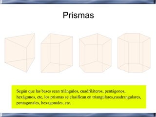 Prismas




Según que las bases sean triángulos, cuadriláteros, pentágonos,
hexágonos, etc, los prismas se clasifican en triangulares,cuadrangulares,
pentagonales, hexagonales, etc.
 