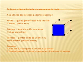 Polígono – figura limitada por segmentos de recta Nos sólidos geométricos podemos observar: Faces – figuras geométricas que limitam o sólido. (parte azul) Arestas – local de união das faces (linhas vermelhas) Vértices – pontos onde se unem 3 ou  mais arestas (pontos pretos) Exemplos: O cubo tem 6 faces iguais, 8 vértices e 12 arestas O paralelepípedo tem 6 faces rectangulares, 8 vértices e 12 arestas  