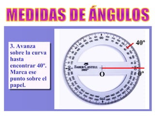 MEDIDAS DE ÁNGULOS 3. Avanza sobre la curva hasta encontrar 40º. Marca ese punto sobre el papel. O 0º 40º 