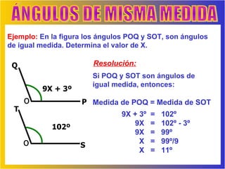 ÁNGULOS DE MISMA MEDIDA Ejemplo:  En la figura los ángulos POQ y SOT, son ángulos de igual medida. Determina el valor de X.  Resolución: Si POQ y SOT son ángulos de igual medida, entonces: Medida de POQ = Medida de SOT Q o o P S T 9X + 3º 102º 9X + 3º  =  102º  9X  =  102º - 3º 9X  =  99º X  =  99º/9 X  =  11º 