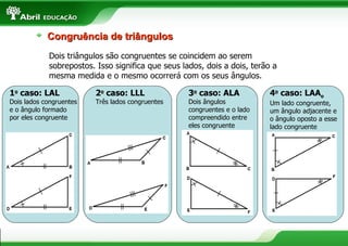 Dois triângulos são congruentes se coincidem ao serem sobrepostos. Isso significa que seus lados, dois a dois, terão a mesma medida e o mesmo ocorrerá com os seus ângulos. Congruência de triângulos 1 o  caso: LAL Dois lados congruentes e o ângulo formado por eles congruente 3 o  caso: ALA Dois ângulos congruentes e o lado compreendido entre eles congruente 4 o  caso: LAA o Um lado congruente, um ângulo adjacente e o ângulo oposto a esse lado congruente 2 o  caso: LLL Três lados congruentes 