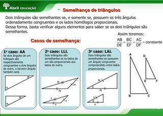 Dois triângulos são semelhantes se, e somente se, possuem os três ângulos ordenadamente congruentes e os lados homólogos proporcionais. Dessa forma, basta verificar alguns elementos para saber se os dois triângulos são semelhantes. Casos de semelhança: Assim teremos: Semelhança de triângulos 1 o  caso: AA Se dois ângulos de um triângulo são respectivamente congruentes a dois ângulos de outro, o terceiro ângulo também será. 3 o  caso: LAL Dois triângulos são semelhantes se possuem um ângulo congruente compreendido entre lados proporcionais . 2 o  caso: LLL Dois triângulos são semelhantes se os lados de um são proporcionais aos lados do outro. 