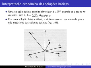 Interpreta¸˜o econˆmica das solu¸˜es b´sicas
          ca      o             co    a

    Uma solu¸˜o b´sica permite sintetizar b ∈ Rm usando-se apeans m
              ca a
    recursos, isto ´, b = m AB(i ) xB(i ) .
                   e      i =1
    Em uma solu¸˜o b´sica vi´vel, a s´
                ca a         a       ıntese ocorrer por meio de pesos
    n˜o negativos das colunas b´sicas (xB ≥ 0).
     a                         a




                  Alexandre Salles da Cunha   Geometria da Programa¸˜o Linear
                                                                   ca
 