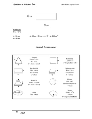 - Matemáticas   en la Educación Física-                                PEM. Carlos Augusto Vásquez




                         10 cm



                                                  20 cm

Rectángulo
Área = b×h

b = 20 cm                    A= 10 cm x 20 cm -------    A= 200 cm2
h = 10 cm




                                          Áreas de formas planas



                              Triángulo
                                                                              Cuadrado
                            Área = ½b×h
                                                                              Área = a2
                               b = base
                                                                        a = longitud del lado
                          h = altura vertical

                             Rectángulo                                     Paralelogramo
                             Área = b×h                                      Área = b×h
                             b = anchura                                     b = anchura
                              h = altura                                      h = altura

                                                                               Círculo
                              Trapecio
                                                                             Área = πr2
                           Área = ½(a+b)h
                                                                         Circunferencia=2πr
                          h = altura vertical
                                                                              r = radio

                                                                               Sector
                                Elipse                                       Área = ½r2θ
                              Área = πab                                      r = radio
                                                                       θ = ángulo en radianes




     16-
 