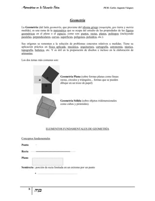 - Matemáticas   en la Educación Física-                                          PEM. Carlos Augusto Vásquez


                                                  Geometría
La Geometría (del latín geometrĭa, que proviene del idioma griego γεωμετρία, geo tierra y metria
medida), es una rama de la matemática que se ocupa del estudio de las propiedades de las figuras
geométricas en el plano o el espacio, como son: puntos, rectas, planos, politopos (incluyendo
paralelas, perpendiculares, curvas, superficies, polígonos, poliedros, etc.).

Sus orígenes se remontan a la solución de problemas concretos relativos a medidas. Tiene su
aplicación práctica en física aplicada, mecánica, arquitectura, cartografía, astronomía, náutica,
topografía, balística, etc. Y es útil en la preparación de diseños e incluso en la elaboración de
artesanías.

Los dos temas más comunes son:




                                          Geometría Plana (sobre formas planas como líneas
                                          rectas, círculos y triángulos... formas que se pueden
                                          dibujar en un trozo de papel)




                                          Geometría Sólida (sobre objetos tridimensionales
                                          como cubos y pirámides).




                         ELEMENTOS FUNDAMENTALES DE GEOMETRÍA


Conceptos fundamentales

Punto           ·

Recta

Plano


Semirecta : porción de recta limitada en un extremo por un punto

             *




        3-
 