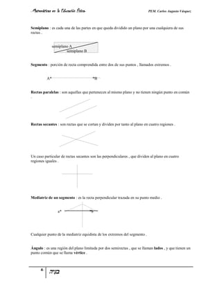 - Matemáticas   en la Educación Física-                                    PEM. Carlos Augusto Vásquez


Semiplano : es cada una de las partes en que queda dividido un plano por una cualquiera de sus
rectas .


                semiplano A
                        semiplano B


Segmento : porción de recta comprendida entre dos de sus puntos , llamados extremos .


           A*                              *B


Rectas paralelas : son aquellas que pertenecen al mismo plano y no tienen ningún punto en común
.




Rectas secantes : son rectas que se cortan y dividen por tanto al plano en cuatro regiones .




Un caso particular de rectas secantes son las perpendiculares , que dividen al plano en cuatro
regiones iguales .




Mediatriz de un segmento : es la recta perpendicular trazada en su punto medio .


                    a*                    *b




Cualquier punto de la mediatriz equidista de los extremos del segmento .


Ángulo : es una región del plano limitada por dos semirectas , que se llaman lados , y que tienen un
punto común que se llama vértice .



      4-
 