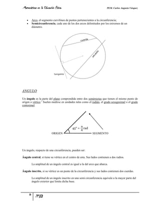 - Matemáticas   en la Educación Física-                                    PEM. Carlos Augusto Vásquez


        Arco, el segmento curvilíneo de puntos pertenecientes a la circunferencia;
        Semicircunferencia, cada uno de los dos arcos delimitados por los extremos de un
         diámetro.




ANGULO

Un ángulo es la parte del plano comprendida entre dos semirrectas que tienen el mismo punto de
origen o vértice. 1 Suelen medirse en unidades tales como el radián, el grado sexagesimal o el grado
centesimal.




                             ORIGEN                           SEGMENTO




Un ángulo, respecto de una circunferencia, pueden ser:

Ángulo central, si tiene su vértice en el centro de esta. Sus lados contienen a dos radios.

         La amplitud de un ángulo central es igual a la del arco que abarca.

Ángulo inscrito, si su vértice es un punto de la circunferencia y sus lados contienen dos cuerdas.

         La amplitud de un ángulo inscrito en una semi circunferencia equivale a la mayor parte del
         ángulo exterior que limita dicha base.



        8-
 