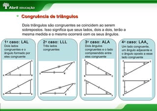 11
Congruência de triângulosCongruência de triângulos
Dois triângulos são congruentes se coincidem ao serem
sobrepostos. Isso significa que seus lados, dois a dois, terão a
mesma medida e o mesmo ocorrerá com os seus ângulos.
1o
caso: LAL
Dois lados
congruentes e o
ângulo formado por
eles congruente
3o
caso: ALA
Dois ângulos
congruentes e o lado
compreendido entre
eles congruente
4o
caso: LAAo
Um lado congruente,
um ângulo adjacente e
o ângulo oposto a esse
lado congruente
2o
caso: LLL
Três lados
congruentes
 