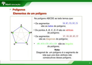4
PolígonosPolígonos
Elementos de um polígonoElementos de um polígono
No polígono ABCDE ao lado temos que:
A
B
CD
E
• Os segmentos
são os lados do polígono;
, , , ,AB BC CD DE EA
• Os pontos A, B, C, D, E são os vértices
do polígono;
• Os segmentos
são as diagonais do polígono;
, , , ,AC AD BD BE CE
• são os ângulos
do polígono;
ˆ ˆˆ ˆ ˆABC, BCD, CDE, DEA, EAB
Nota:
Diagonal de um polígono é o segmento de
reta que une dois vértices não
consecutivos desse polígono.
 