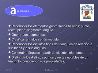 Prenderas a …

Reconocer los elementos geométricos básicos: punto,
recta, plano, segmento, ángulo.
Operar con segmentos.
Clasificar ángulos según medida.
Reconocer los distintos tipos de triángulos en relación a
sus lados y a sus ángulos.
Construir triángulos a partir de distintos elementos.
Distinguir los distintos puntos y rectas notables de un
triángulo, conociendo sus propiedades.
29/11/13

Javi Doroteo

4

 