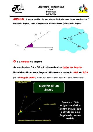 ACETATOS – MATEMÁTICA
4º ANO
Geometria
2013-2014

ÂNGULO

é uma região de um plano limitada por duas semi-retas (

lados do ângulo) com a origem no mesmo ponto (vértice do ângulo).

O é o vértice do ângulo
As semi-retas OA e OB são denominadas lados do ângulo
Para identificar esse ângulo utilizamos a notação AOB ou BOA
(Lê-se “ângulo AOB”) A letra que corresponde ao vértice deve ficar no meio.

 