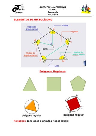 ACETATOS – MATEMÁTICA
4º ANO
Geometria
2013-2014

ELEMENTOS DE UM POLÍGONO

Polígonos Regulares

Polígonos com lados e ângulos todos iguais

 