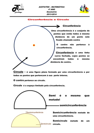 ACETATOS – MATEMÁTICA
4º ANO
Geometria
2013-2014

Circunferência
Uma circunferência é o conjunto de
pontos que estão todos à mesma
distância

de

um

ponto

nele

fixado chamado centro
O

centro

não

pertence

à

circunferência.

Circunferência é uma linha
curva fechada, cujos pontos se
encontram

todos

à

mesma

distância do centro.

Círculo -

é uma figura plana formada por uma circunferência e por

todos os pontos que pertencem à sua parte interna.

O centro pertence ao círculo.
Círculo é o espaço limitado pela circunferência.

Semi

é

o

mesmo

que

metade!
semicircunferência
Semicircunferência metade de
uma circunferência.

Semicírculo
círculo.

metade

de

um

 