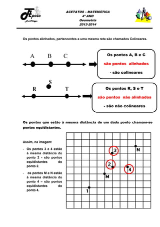 ACETATOS – MATEMÁTICA
4º ANO
Geometria
2013-2014

Os pontos alinhados, pertencentes a uma mesma reta são chamados Colineares.

Os pontos A, B e C
são pontos alinhados
- são colineares

Os pontos R, S e T
são pontos não alinhados
- são não colineares

Os pontos que estão à mesma distância de um dado ponto chamam-se
pontos equidistantes.

Assim, na imagem:
- Os pontos 3 e 4 estão
à mesma distância do
ponto 2 - são pontos
equidistantes
do
ponto 2.
-

os pontos M e N estão
à mesma distância do
ponto 4 – são pontos
equidistantes
do
ponto 4.

 