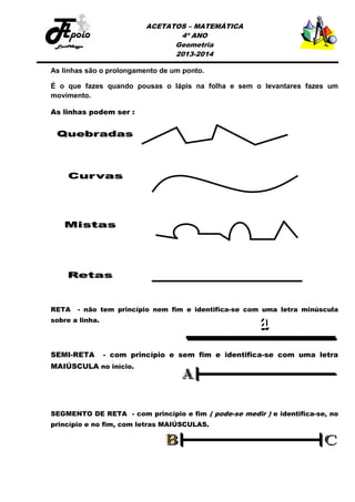 ACETATOS – MATEMÁTICA
4º ANO
Geometria
2013-2014

As linhas são o prolongamento de um ponto.
É o que fazes quando pousas o lápis na folha e sem o levantares fazes um
movimento.
As linhas podem ser :

RETA

- não tem princípio nem fim e identifica-se com uma letra minúscula

sobre a linha.

SEMI-RETA

- com princípio e sem fim e identifica-se com uma letra

MAIÚSCULA no início.

SEGMENTO DE RETA - com princípio e fim ( pode-se medir ) e identifica-se, no
princípio e no fim, com letras MAIÚSCULAS.

 