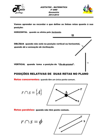 ACETATOS – MATEMÁTICA
4º ANO
Geometria
2013-2014

Vamos aprender ou recordar o que define as linhas retas quanto à sua
posição:
HORIZONTAL quando se alinha pelo horizonte.

OBLÍQUA quando não está na posição vertical ou horizontal,

quando dá a sensação de inclinação.

VERTICAL quando toma a posição do “fio-de-prumo”.

POSIÇÕES RELATIVAS DE DUAS RETAS NO PLANO
Retas concorrentes: quando têm um único ponto comum.

r  s  A
Retas paralelas: quando não têm ponto comum.

rs 

 