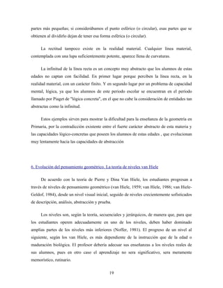partes más pequeñas; si considerábamos el punto esférico (o circular), esas partes que se
obtienen al dividirlo dejan de tener esa forma esférica (o circular).
La rectitud tampoco existe en la realidad material. Cualquier línea material,
contemplada con una lupa suficientemente potente, aparece llena de curvaturas.
La infinitud de la línea recta es un concepto muy abstracto que los alumnos de estas
edades no captan con facilidad. En primer lugar porque perciben la línea recta, en la
realidad material, con un carácter finito. Y en segundo lugar por un problema de capacidad
mental, lógica, ya que los alumnos de este periodo escolar se encuentran en el período
llamado por Piaget de "lógica concreta", en el que no cabe la consideración de entidades tan
abstractas como la infinitud.
Estos ejemplos sirven para mostrar la dificultad para la enseñanza de la geometría en
Primaria, por la contradicción existente entre el fuerte carácter abstracto de esta materia y
las capacidades lógico-concretas que poseen los alumnos de estas edades , que evolucionan
muy lentamente hacia las capacidades de abstracción
6. Evolución del pensamiento geométrico. La teoría de niveles van Hiele
De acuerdo con la teoría de Pierre y Dina Van Hiele, los estudiantes progresan a
través de niveles de pensamiento geométrico (van Hiele, 1959; van Hiele, 1986; van Hiele-
Geldof, 1984), desde un nivel visual inicial, seguido de niveles crecientemente sofisticados
de descripción, análisis, abstracción y prueba.
Los niveles son, según la teoría, secuenciales y jerárquicos, de manera que, para que
los estudiantes operen adecuadamente en uno de los niveles, deben haber dominado
amplias partes de los niveles más inferiores (Noffer, 1981). El progreso de un nivel al
siguiente, según los van Hiele, es más dependiente de la instrucción que de la edad o
maduración biológica. El profesor debería adecuar sus enseñanzas a los niveles reales de
sus alumnos, pues en otro caso el aprendizaje no sera significativo, sera meramente
memorístico, rutinario.
19
 