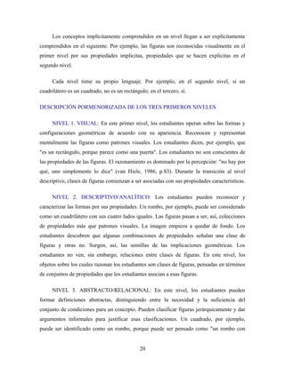 Los conceptos implícitamente comprendidos en un nivel llegan a ser explícitamente
comprendidos en el siguiente. Por ejemplo, las figuras son reconocidas visualmente en el
primer nivel por sus propiedades implícitas, propiedades que se hacen explicitas en el
segundo nivel.
Cada nivel tiene su propio lenguaje. Por ejemplo, en el segundo nivel, si un
cuadrilátero es un cuadrado, no es un rectángulo; en el tercero, sí.
DESCRIPCIÓN PORMENORIZADA DE LOS TRES PRIMEROS NIVELES
NIVEL 1. VISUAL: En este primer nivel, los estudiantes operan sobre las formas y
configuraciones geométricas de acuerdo con su apariencia. Reconocen y representan
mentalmente las figuras como patrones visuales. Los estudiantes dicen, por ejemplo, que
"es un rectángulo, porque parece como una puerta". Los estudiantes no son conscientes de
las propiedades de las figuras. El razonamiento es dominado por la percepción: "no hay por
qué, uno simplemente lo dice" (van Hiele, 1986, p.83). Durante la transición al nivel
descriptivo, clases de figuras comienzan a ser asociadas con sus propiedades características.
NIVEL 2. DESCRIPTIVO/ANALÍTICO: Los estudiantes pueden reconocer y
caracterizar las formas por sus propiedades. Un rombo, por ejemplo, puede ser considerado
como un cuadrilátero con sus cuatro lados iguales. Las figuras pasan a ser, así, colecciones
de propiedades más que patrones visuales. La imagen empieza a quedar de fondo. Los
estudiantes descubren que algunas combinaciones de propiedades señalan una clase de
figuras y otras no. Surgen, así, las semillas de las implicaciones geométricas. Los
estudiantes no ven, sin embargo, relaciones entre clases de figuras. En este nivel, los
objetos sobre los cuales razonan los estudiantes son clases de figuras, pensadas en términos
de conjuntos de propiedades que los estudiantes asocian a esas figuras.
NIVEL 3. ABSTRACTO/RELACIONAL: En este nivel, los estudiantes pueden
formar definiciones abstractas, distinguiendo entre la necesidad y la suficiencia del
conjunto de condiciones para un concepto. Pueden clasificar figuras jerárquicamente y dar
argumentos informales para justificar esas clasificaciones. Un cuadrado, por ejemplo,
puede ser identificado como un rombo, porque puede ser pensado como "un rombo con
20
 