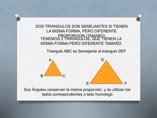 DOS TRIANGULOS SON SEMEJANTES SI TIENEN
LA MISMA FORMA, PERO DIFERENTE
PROPORCION (TAMAÑO)
TENEMOS 2 TRIANGULOS, QUE TIENEN LA
MISMA FORMA PERO DIFERENTE TAMAÑO
A
B C
D
E F
Triangulo ABC es Semejante al triangulo DEF
Sus Ángulos conservan la misma proporción, y se utilizan los
lados correspondientes o lado homologo
 