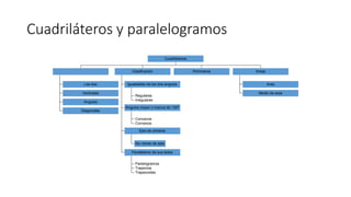Cuadriláteros y paralelogramos
Las dos
Verticales
Angulos
Diagonales
Regulares
Irregulares
Igualdades de los dos angulos
Concavos
Convexos
Angulos mayor o menos de 100º
No meres de ejes
Ejes de simetria
Parlelogramos
Trapecios
Trapecoides
Paralelismo de sus lados
Clasificacion Perimetros
Area
Medio de area
Areas
Cuadrilateros
 