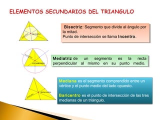 Bisectriz: Segmento que divide al ángulo por
la mitad.
Punto de intersección se llama Incentro.
Bisectriz: Segmento que divide al ángulo por
la mitad.
Punto de intersección se llama Incentro.
Mediatriz de un segmento es la recta
perpendicular al mismo en su punto medio. 
Mediatriz de un segmento es la recta
perpendicular al mismo en su punto medio. 
Mediana es el segmento comprendido entre un
vértice y el punto medio del lado opuesto.
Baricentro es el punto de intersección de las tres
medianas de un triángulo.
 