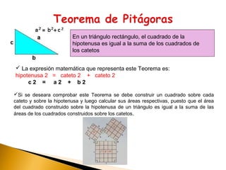 .
En un triángulo rectángulo, el cuadrado de la
hipotenusa es igual a la suma de los cuadrados de
los catetos
 La expresión matemática que representa este Teorema es:
hipotenusa 2 = cateto 2 + cateto 2
   c 2    =     a 2    +    b 2
Si se deseara comprobar este Teorema se debe construir un cuadrado sobre cada
cateto y sobre la hipotenusa y luego calcular sus áreas respectivas, puesto que el área
del cuadrado construido sobre la hipotenusa de un triángulo es igual a la suma de las
áreas de los cuadrados construidos sobre los catetos.
 