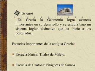 Griegos
En Grecia la Geometría logra avances
importantes en su desarrollo y se estudia bajo un
sistema lógico deductivo que da inicio a los
postulados.
Escuelas importantes de la antigua Grecia:
Escuela Jónica: Thales de Mileto.
Escuela de Crotona: Pitágoras de Samos
 