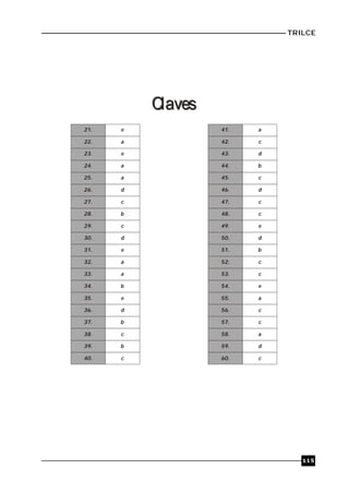 TRILCE
115
ClavesClaves
21.
22.
23.
24.
25.
26.
27.
28.
29.
30.
31.
32.
33.
34.
35.
36.
37.
38.
39.
40.
e
a
e
a
a
d
c
b
c
d
e
a
a
b
e
d
b
c
b
c
41.
42.
43.
44.
45.
46.
47.
48.
49.
50.
51.
52.
53.
54.
55.
56.
57.
58.
59.
60.
a
c
d
b
c
d
c
c
e
d
b
c
c
e
a
c
c
a
d
c
 