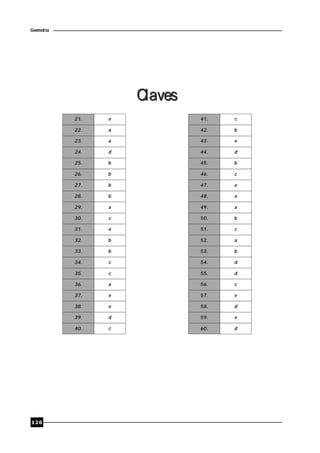 126
Geometría
ClavesClaves
21.
22.
23.
24.
25.
26.
27.
28.
29.
30.
31.
32.
33.
34.
35.
36.
37.
38.
39.
40.
e
a
a
d
b
b
b
b
a
c
e
b
b
c
c
a
e
e
d
c
41.
42.
43.
44.
45.
46.
47.
48.
49.
50.
51.
52.
53.
54.
55.
56.
57.
58.
59.
60.
c
b
e
d
b
c
e
e
a
b
c
a
b
d
d
c
e
d
e
d
 