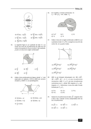 187
TRILCE
O
O'
A B
O"
A' B'
a) )31210(R2  b) )31210(
9
2R 
c) )31210(
9
2R  d) )31210(
27
2R 
e) )31210(
27
2R 
44. La siguiente figura es un cuadrado de lado "a". Las
curvas son arcos de circunferencias de radio a/2 con
centro en los puntos A, B y en el centro C del cuadrado.
¿Cuál es el área de la región sombreada?
A
B
C
a)
4
2a b)
3
2a2 c)
3
2a
d)
4
2a3 e)
2
2a
45. Hallar el área sombreada de la figura, donde "  " está
expresado en radianes, CO'D y AOB son sectores
circulares y OAO'C es un paralelogramo.
A
B C
D
O
O'

L
l
a) )LSen( l b) )LLSen( ll
c) )LSen(  ll d) )LSen( l
e) LSen
3
1 l
46. En el gráfico, se tienen semicírculos. Si :
S1
= 9m2
y S2
= 4m2
, hallar : S3
.
S1
S3
S2
a) 7 m2 b) 9 c) 10
d) 12 e) 14
47. Hallar el área de la región sombreada si ABCD es un
cuadrado de lado "a" y PQ es tangente al arco AC (de
centro D), en su punto medio.
A B
CD
P
Q
a
a) 2
4
828
a][  b) 2
4
828
a][ 
c) 2
4
628
a][  d) 2
3
828
a][ 
e) 2
4
828
a][ 
48. ABC es un triángulo obtusángulo con 22AB  ,
102BC  , AC = 8. C1
es una circunferencia
circunscrita a ABC; C2
y C3
son dos circunferencias
concéntricas con C1
, siendo AB tangente a C2
y AC
tangente a C3
. Determinar el área del anillo circular
limitado por C2
y C3
.
a) 10  b) 13  c) 14 
d) 16  e) 20 
49. Dadas tres circunferencias de radio 2 , tangente entre
sí dos a dos. Calcular el área comprendida entre las
tres circunferencias.
a) 2 b) 23 c) 23
d) 32 e) 32
 