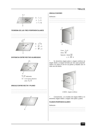 193
TRILCE
a
b
l
Si :
y
TEOREMA DE LAS TRES PERPENDICULARES
.....................................................................................................
.....................................................................................................
.....................................................................................................
l1
B
E F
a
aBF
aEF
Q1




lSi :
y
DISTANCIA ENTRE RECTAS ALABEADAS
a
E
F
b
a y b alabeados
EF : es la menor distancia
entre a y b
ÁNGULO ENTRE RECTA Y PLANO
.....................................................................................................
.....................................................................................................
.....................................................................................................
ÁNGULO DIEDRO
Definición :
.....................................................................................................
.....................................................................................................
.....................................................................................................
A
B
Caras : P y R
Arista : AB
Notación : Diedro AB
ó P - AB - R
* Se denomina ángulo plano o ángulo rectilíneo de
ángulo diedro, al ángulo formado por dos rayos perpendi-
culares a la arista en uno de sus puntos y situados uno en
cada cara del diedro.
M
N
<) MON : ángulo rectilíneo
O
* Comúnmente, a la medida del ángulo MON se le
denomina ángulo diedro o ángulo entre plano y plano.
PLANOS PERPENDICULARES
Definición :
.....................................................................................................
.....................................................................................................
.....................................................................................................
 