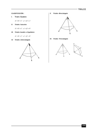 195
TRILCE
CLASIFICACIÓN :
I. Triedro Escaleno
 cba ;  c
II. Triedro Isósceles
 cba ; 
III. Triedro Isoedro o Equilátero
 cba ; 
IV. Triedro Unirectángulo
V. Triedro Birectángulo
VI. Triedro Trirectángulo
 