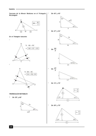 34
Geometría
Teorema de la Menor Mediana en el Triángulo
Rectángulo
B
A C
M
2
AC
BM 
b
b b
En el Triángulo Isósceles
*
B
A C
E
G
H
F
Si : AB = BC
AH = EF + EG
*
B
A
S
C P
H
Q
Si : AB = BC
CH = PQ - PS
TRIÁNGULOS NOTABLES
* De 30° y 60°
60º
30º
2a
a
3a
* De 45° y 45°
b
2b
45º
45º
b
* De 37° y 53°
53º
37º
3k
5k
4k
* De
2
53
53º/2
n
2n
* De
2
37
37º/2
l
l3
* De 15° y 75°
15º75º
h
a
4
a
h 
* De 30° y 75°
30º75º
h
b
2
b
h 
 