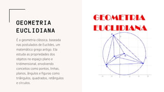 É a geometria clássica, baseada
nas postulados de Euclides, um
matemático grego antigo. Ela
estuda as propriedades dos
objetos no espaço plano e
tridimensional, envolvendo
conceitos como pontos, linhas,
planos, ângulos e figuras como
triângulos, quadrados, retângulos
e círculos.
GEOMETRIA
EUCLIDIANA
 