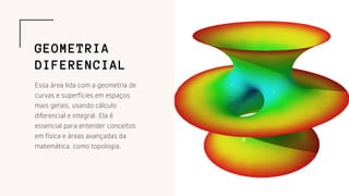Essa área lida com a geometria de
curvas e superfícies em espaços
mais gerais, usando cálculo
diferencial e integral. Ela é
essencial para entender conceitos
em física e áreas avançadas da
matemática, como topologia.
GEOMETRIA
DIFERENCIAL
 